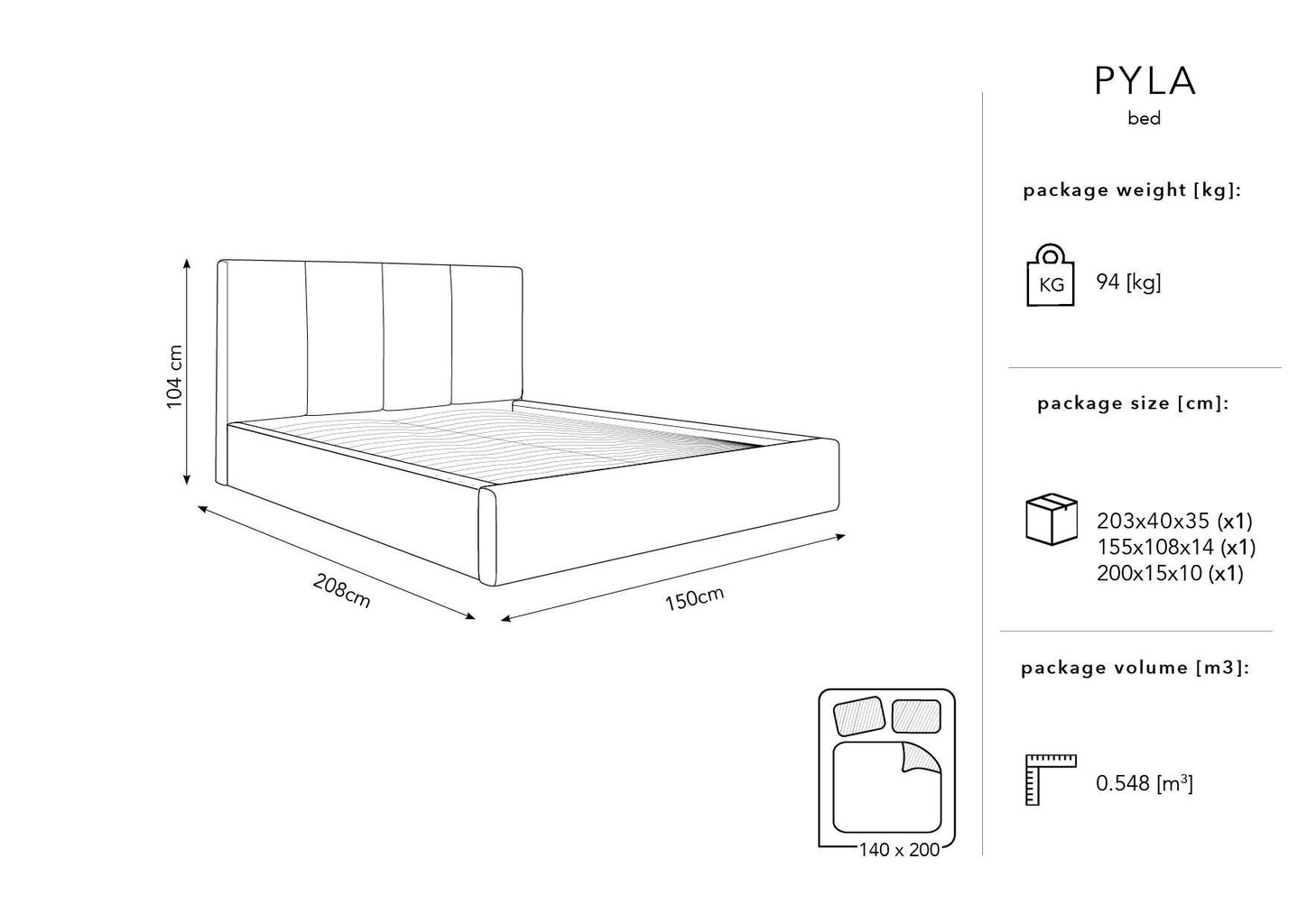 Gulta Micadoni Home Pyla 45, 140x200cm, gaiši pelēka cena un informācija | Gultas | 220.lv