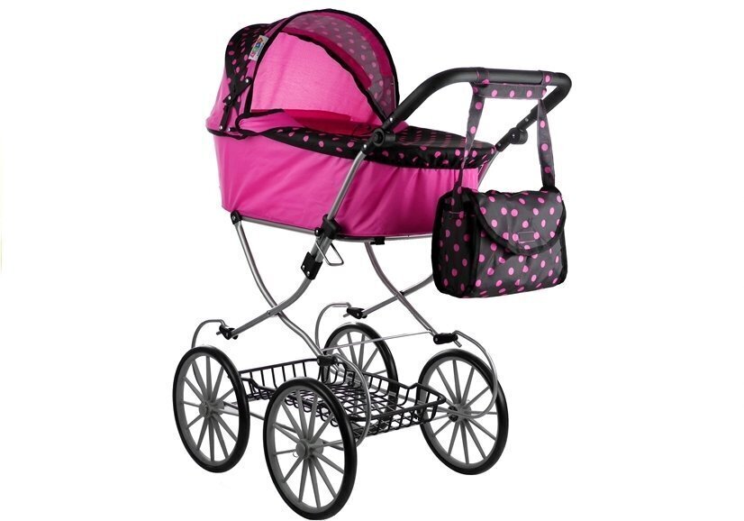 Retro stila leļļu rati, rozā ar melnu cena un informācija | Rotaļlietas meitenēm | 220.lv