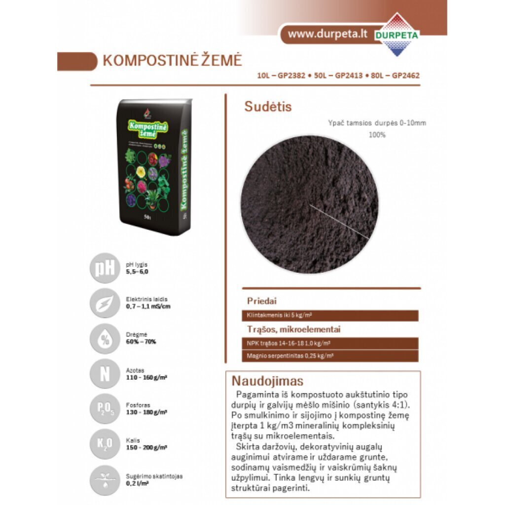 Komposta augsne Durpeta, 50 l cena un informācija | Grunts, zeme, kūdra, komposts | 220.lv
