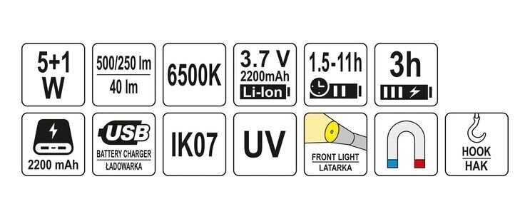 Lampa darbnīcai, akumulatora LED 5W COB, 500LM + 40LM, UV Yato (YT-08517) cena un informācija | Lukturi | 220.lv