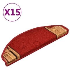 vidaXL kāpņu paklāji, 15 gab., pašlīmējoši, 65x21x4 cm, sarkani цена и информация | Ковры | 220.lv