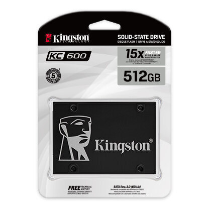 SSD|KINGSTON|KINGSTON|KC600|512GB|SATA 3.0|TLC|rakstīšanas ātrums 520 MB/sec|lasīšanas ātrums 550 MB/sec|2,5"|TBW 300 TB|MTBF 1000000 stundas|SKC600/5 цена и информация | Iekšējie cietie diski (HDD, SSD, Hybrid) | 220.lv