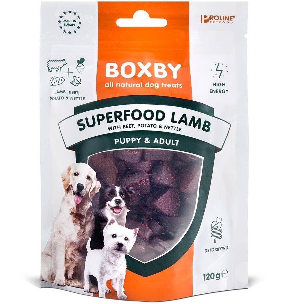 Boxby Superfood Salmon gardums suņiem bez graudaugiem (jērs, biete), 120 g cena un informācija | Gardumi suņiem | 220.lv