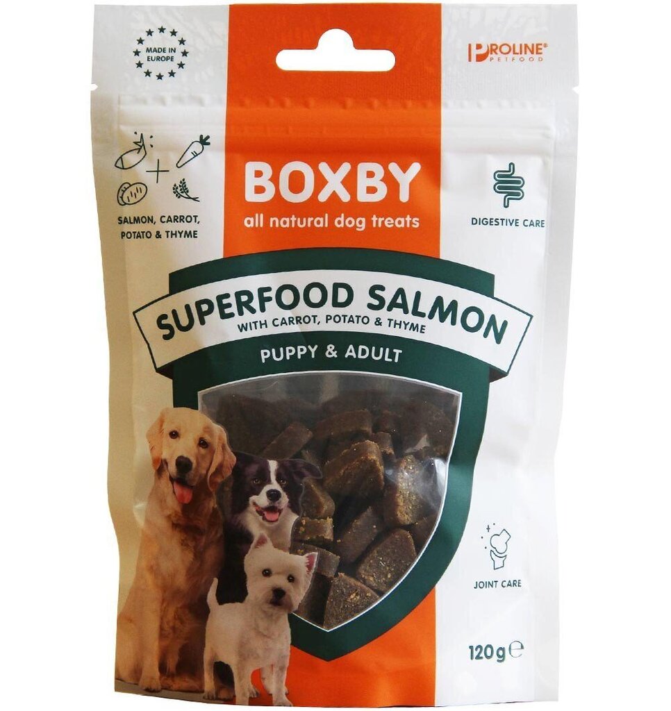 Boxby Superfood Salmon gardums suņiem bez graudaugiem (lasis, burkāni), 120 g cena un informācija | Gardumi suņiem | 220.lv