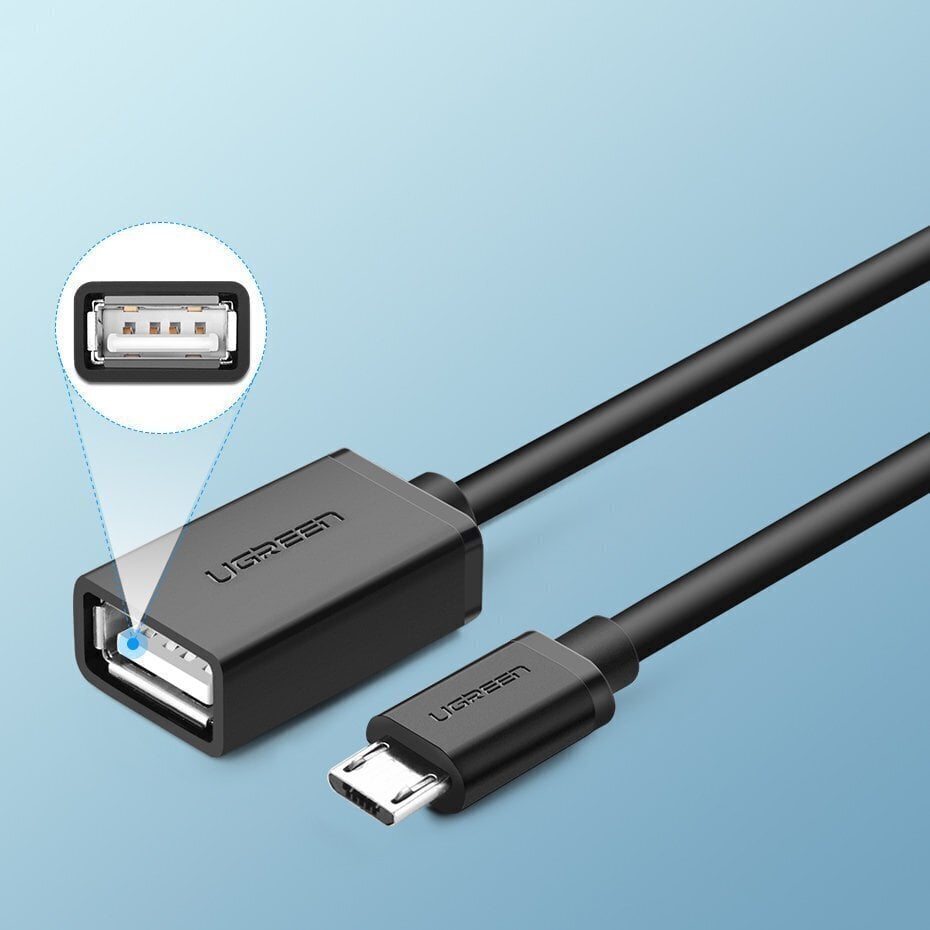 Adapteris Ugreen USB (female) - micro USB (male) OTG 12 cm USB 2.0 480 Mbps, melns (US133 10396) cena un informācija | Savienotājkabeļi | 220.lv