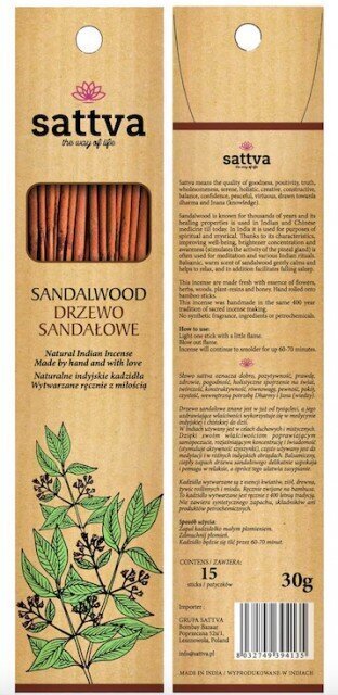 Vīraku nūjiņas ar sandalkoka aromātu Sattva Ayurveda Sandalwood, 15 gab. cena un informācija | Mājas aromāti | 220.lv