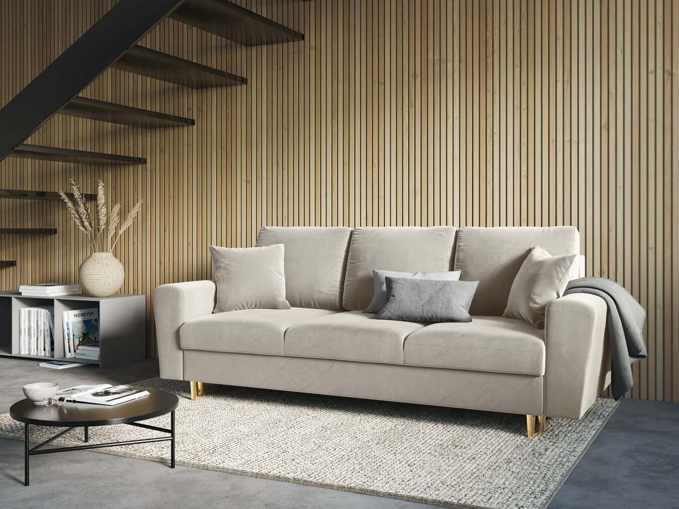 Dīvāns Micadoni Home Moghan 3S, smilškrāsas/zelta krāsas cena un informācija | Dīvāni | 220.lv