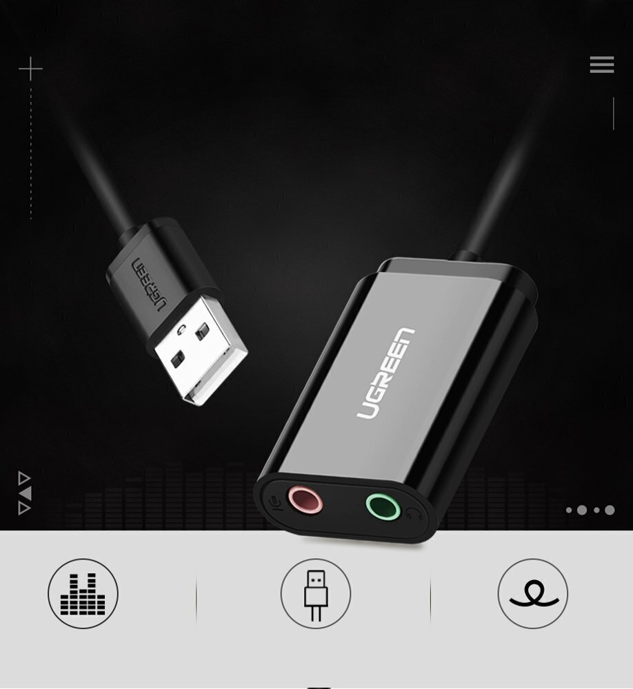 Аудио адаптер USB Ugreen, 3.5 мм mini jack 15 см, черный 30724 цена | 220.lv