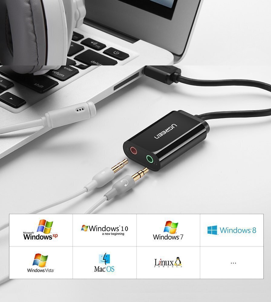 Аудио адаптер USB Ugreen, 3.5 мм mini jack 15 см, черный 30724 цена | 220.lv