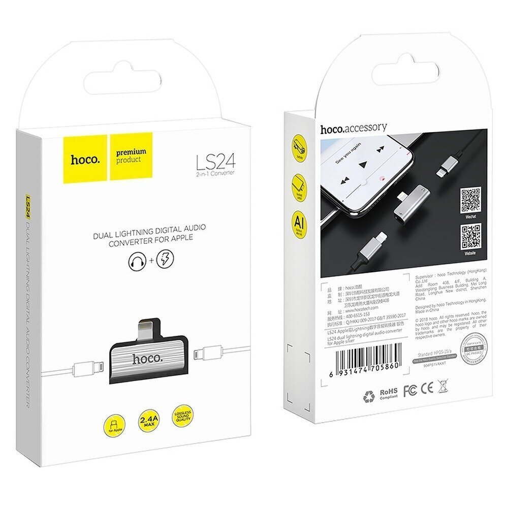 Hoco LS24 audio adapteris / spliteris 2 in 1, lightning cena un informācija | Adapteri un USB centrmezgli | 220.lv