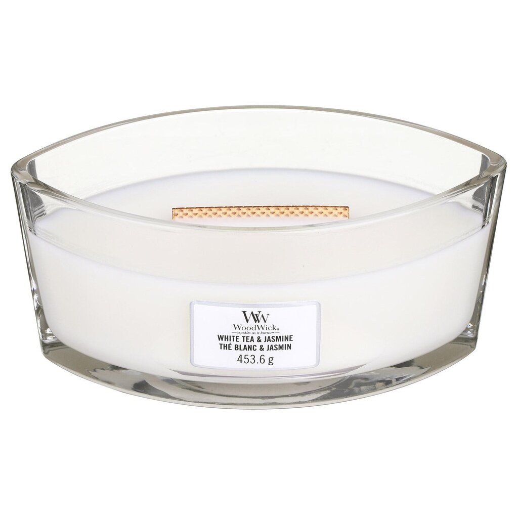 WoodWick aromātiska svece White Tea & Jasmine, 453.6 g cena un informācija | Sveces un svečturi | 220.lv