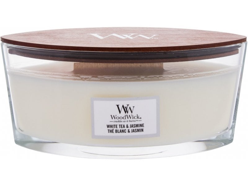 WoodWick aromātiska svece White Tea & Jasmine, 453.6 g cena un informācija | Sveces un svečturi | 220.lv
