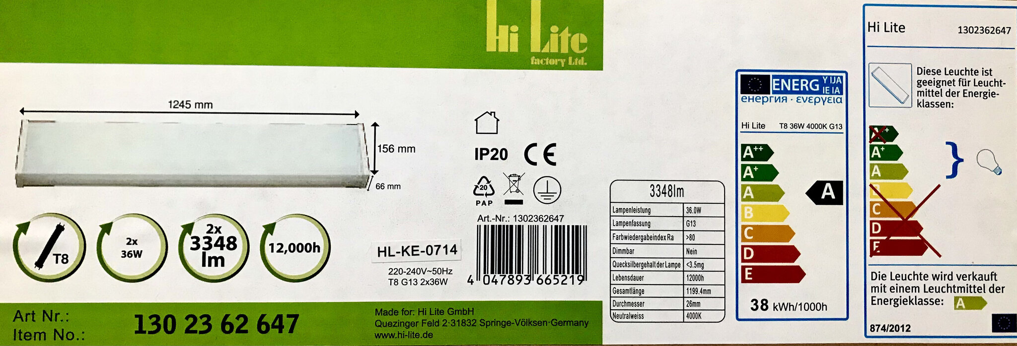 Sienas un griestu lampa "Hi Lite" 125 cm balta 2x36 W luminiscences spuldzes T8 4000K 4 gab. цена и информация | Sienas lampas | 220.lv