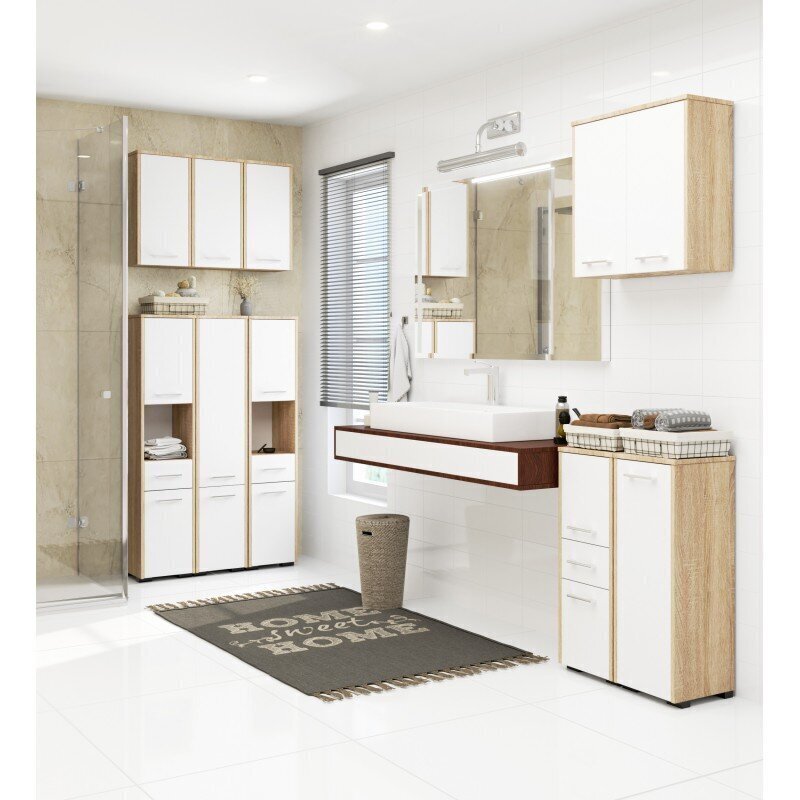 Augsts vannas istabas skapītis NORE Fin ar 2-ām durtiņām, balts/ozola krāsas cena un informācija | Vannas istabas skapīši | 220.lv
