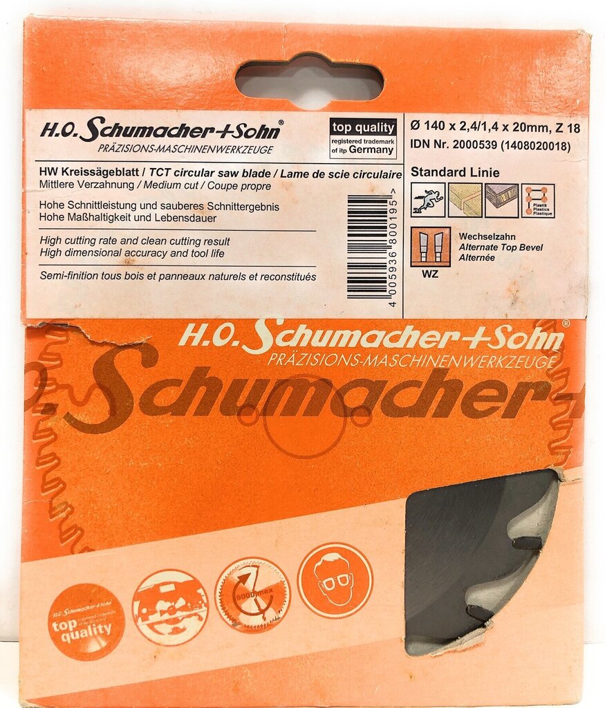 Zāģa disks kokam, Ø140 x 2,4/1,4 x 20 mm, Z-18 H.O Schumacher+Sohn cena un informācija | Rokas instrumenti | 220.lv