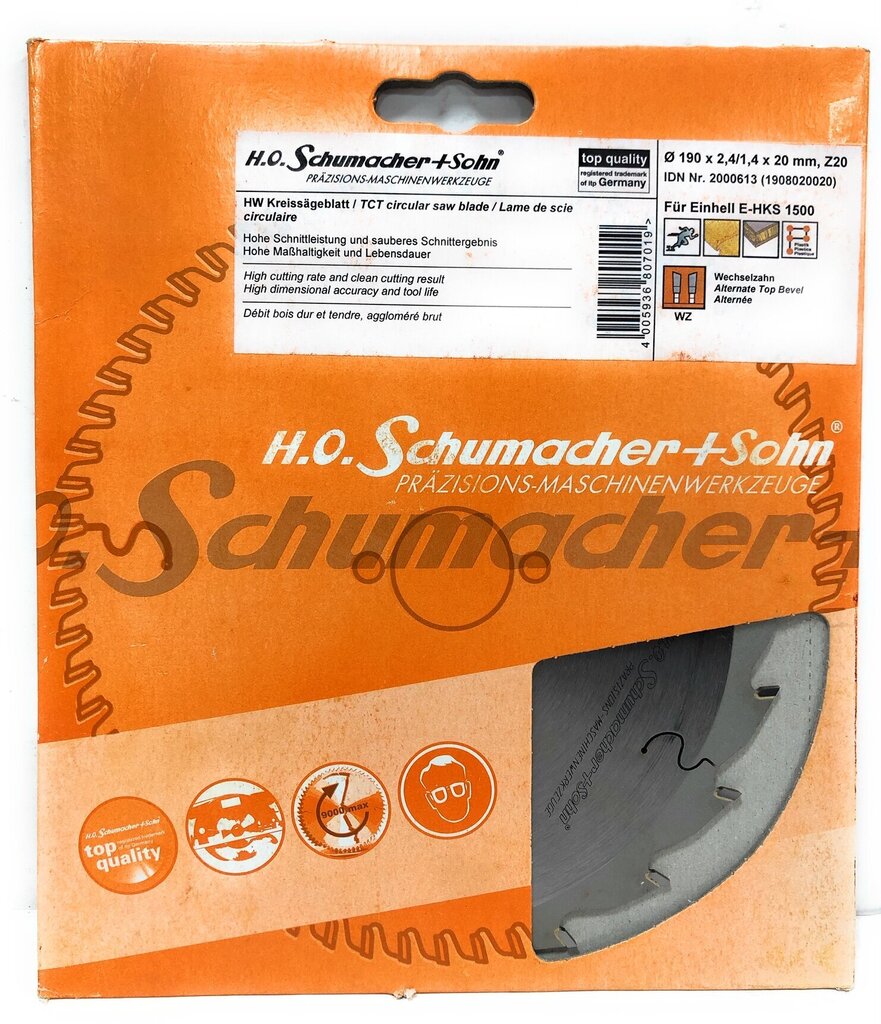 Zāģa disks kokam Ø190 x 2,4/1,4 x 20 mm, Z-20 H.O Schumacher+Sohn cena un informācija | Rokas instrumenti | 220.lv