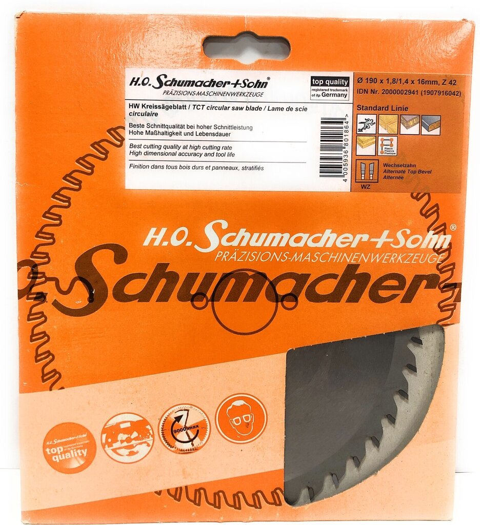 Zāģa disks kokam Ø190 x 1,8/1,4 x 16 mm, Z-42 H.O Schumacher+Sohn cena un informācija | Rokas instrumenti | 220.lv