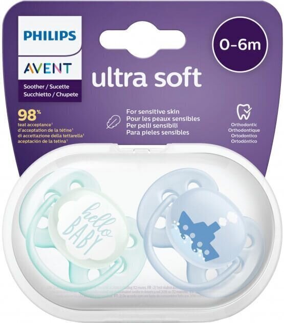 Silikona knupītis Philips Avent Ultra Soft, 0-6 mēneši, SCF222 / 01, 2 gab. cena un informācija | Knupīši | 220.lv