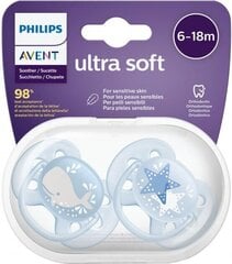 Силиконовая пустышка Philips Avent Ultra Soft, 6-18 мес., 2 шт. цена и информация | Соски на бутылочку | 220.lv