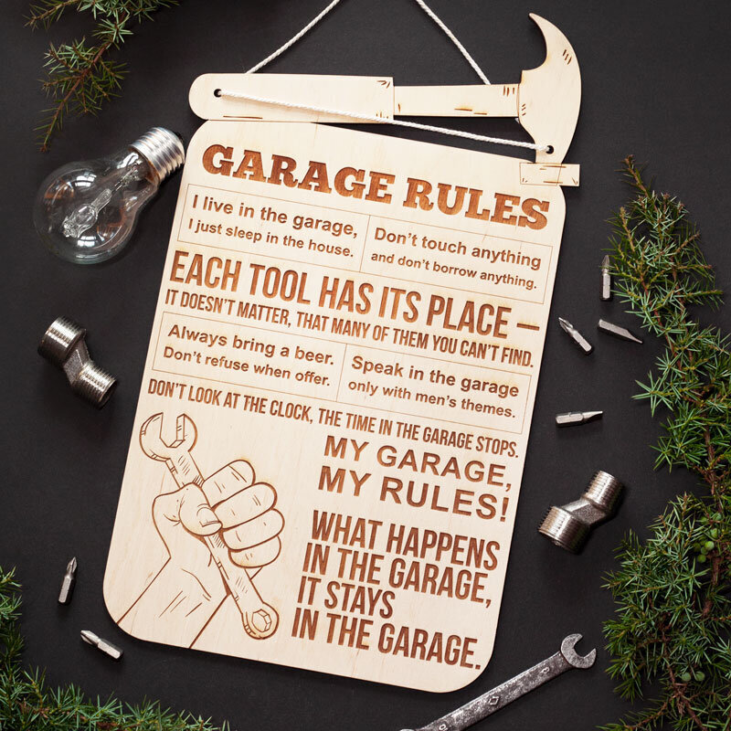 Iegravēts koka dēlis "Garage rules" (angļu valodā) cena un informācija | Citas oriģinālas dāvanas | 220.lv