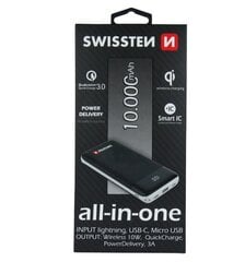 Зарядное устройство Swissten All In One Power Bank 3A / PD / QC 3.0 / Wireless 10Вт / USB / USB-C / 10000 мАч, черное цена и информация | Зарядные устройства Power bank | 220.lv