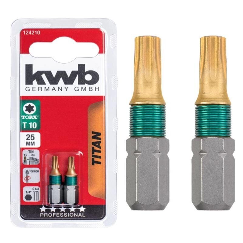 Skrūvgrieža uzgalis Kwb 2, 25 mm “Torx 25" Titāna 124210 (“TiN”, tērauds “TQ 60", ISO 1173, C6.3), 2 gab. цена и информация | Rokas instrumenti | 220.lv