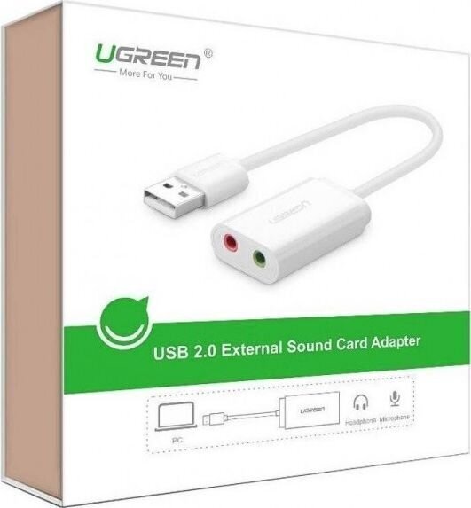 Adapteris USB Ugreen 2.0 - 3,5 mm mini jack (US205 30143), balts cena un informācija | Adapteri un USB centrmezgli | 220.lv