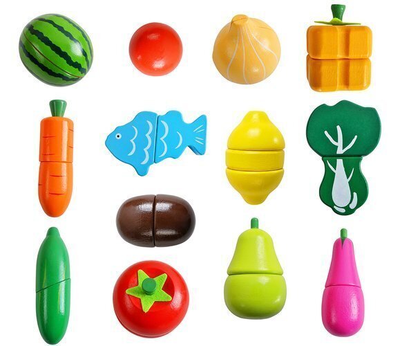 Bērnu rotaļlieta no koka, sagrieztu augļu un dārzeņu komplekts ar kastīti cena un informācija | Rotaļlietas meitenēm | 220.lv