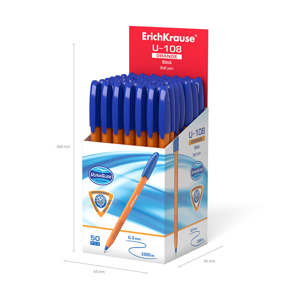 Lodīšu pildspalva ErichKrause® U-108 Orange Stick 1.0, Ultra Glide Technology, tintes krāsa - zila (kastē 50 gab.) cena un informācija | Rakstāmpiederumi | 220.lv