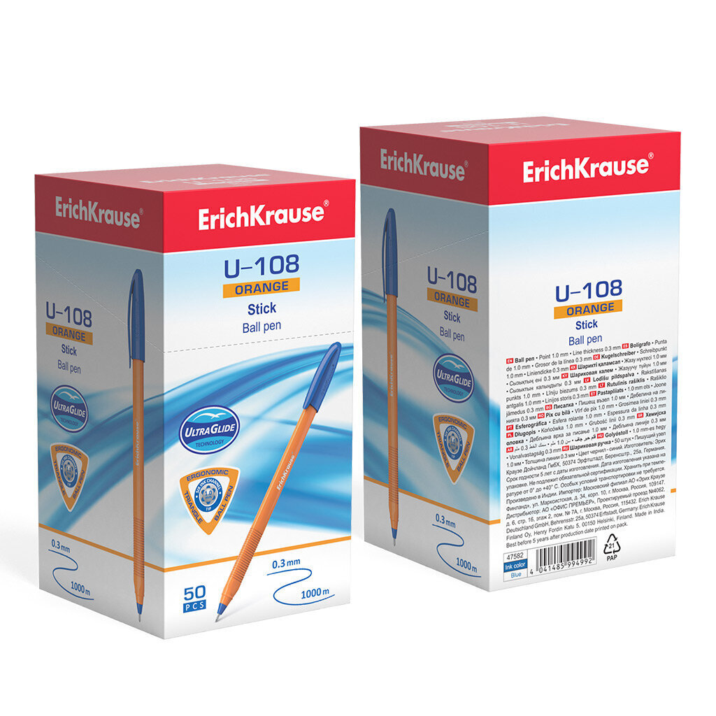 Lodīšu pildspalva ErichKrause® U-108 Orange Stick 1.0, Ultra Glide Technology, tintes krāsa - zila (kastē 50 gab.) цена и информация | Rakstāmpiederumi | 220.lv