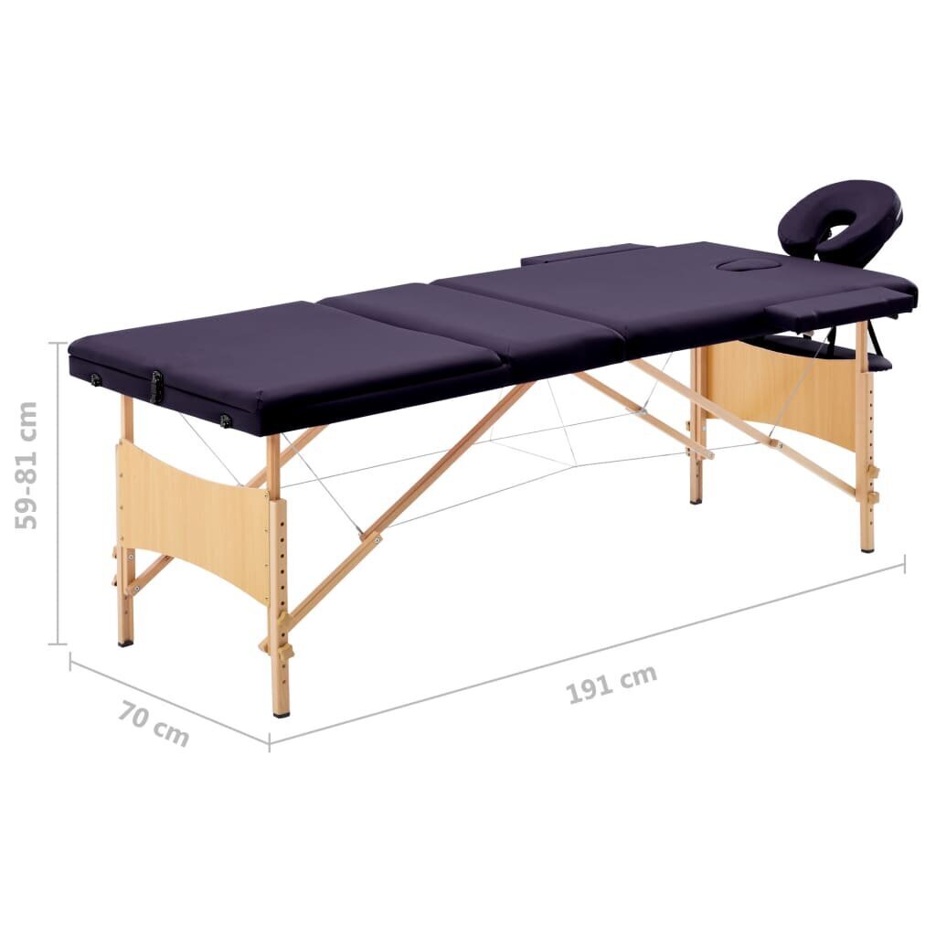 vidaXL saliekams masāžas galds, 3 daļas, koks, violets cena un informācija | Masāžas piederumi | 220.lv