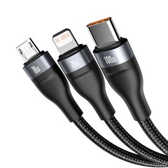 3 vienā kabelis usb / usb-c uz usb-c + mikro usb, 100w, 120cm, melns cena un informācija | Savienotājkabeļi | 220.lv