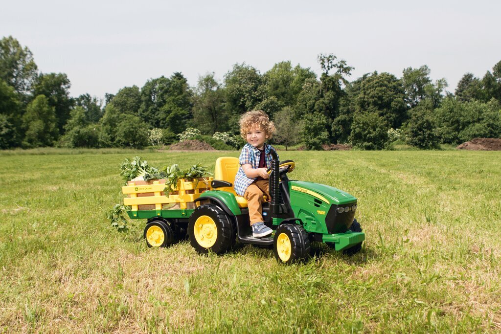 Vienvietīgs bērnu elektriskais traktors Peg Perego John Deere Ground Force with trailer 12V, zaļš cena un informācija | Bērnu elektroauto | 220.lv