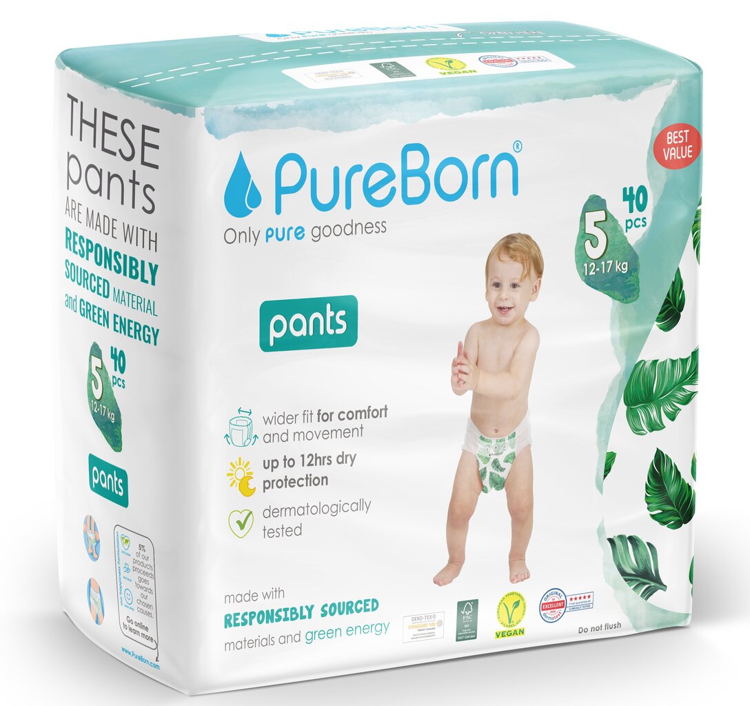 PureBorn ekoloģiskas uzvelkamās autiņbiksītes S5 (12-17kg), 40 gab. cena un informācija | Autiņbiksītes | 220.lv