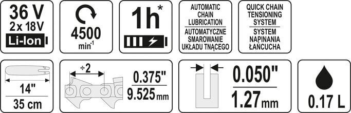 Akumulatora motorzāģis 14 "36V (bez akumulatora un lādētāja) Yato (YT-82813) cena un informācija | Motorzāģi | 220.lv