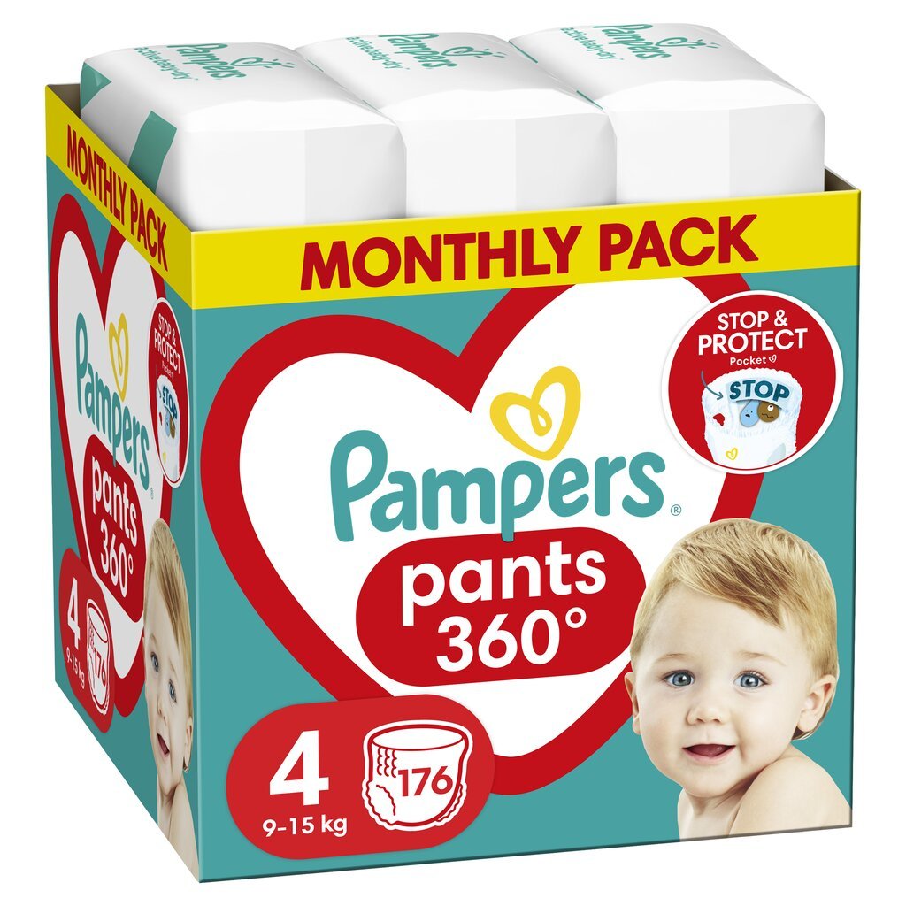 Autiņbiksītes-biksītes PAMPERS Pants Monthly Pack 4. izmērs 9-15kg, 176 gab. cena un informācija | Autiņbiksītes | 220.lv
