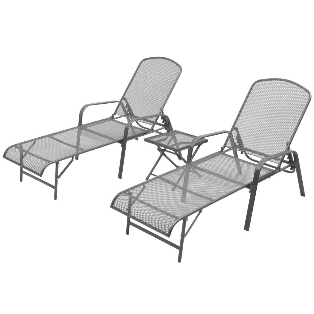 vidaXL sauļošanās zviļņi, 2 gab., ar galdiņu, tērauds, antracītpelēki cena un informācija | Sauļošanās krēsli | 220.lv