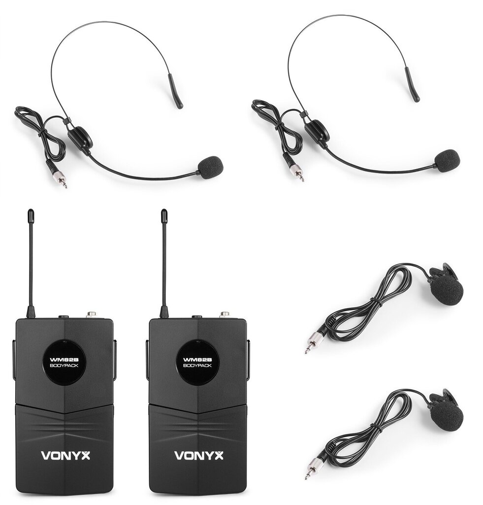 Vonyx WM82B digitālais UHF 2-kanālu bezvadu mikrofonu komplekts ar 2 ķermeņa pakām цена и информация | Mikrofoni | 220.lv