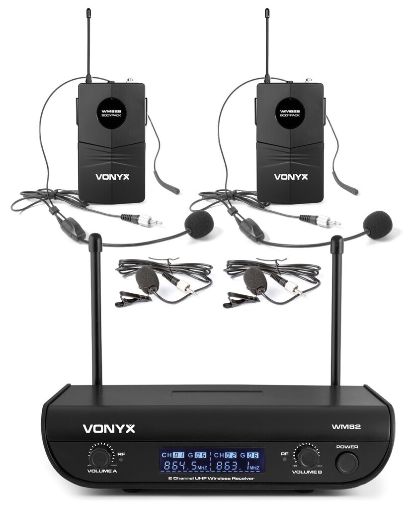 Vonyx WM82B digitālais UHF 2-kanālu bezvadu mikrofonu komplekts ar 2 ķermeņa pakām цена и информация | Mikrofoni | 220.lv