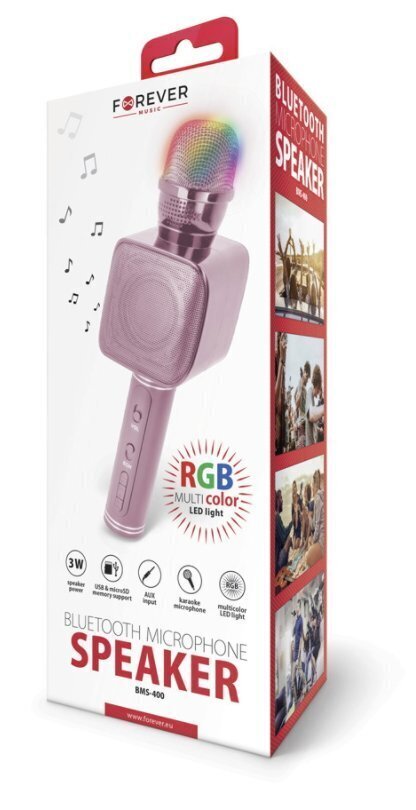 Bluetooth Karaoke mikrofons ar iebūvētu skaļruni / LED / 3W / Aux / Balss Modulators / USB / MicroSD / - Forever BMS-400, rozā цена и информация | Mikrofoni | 220.lv