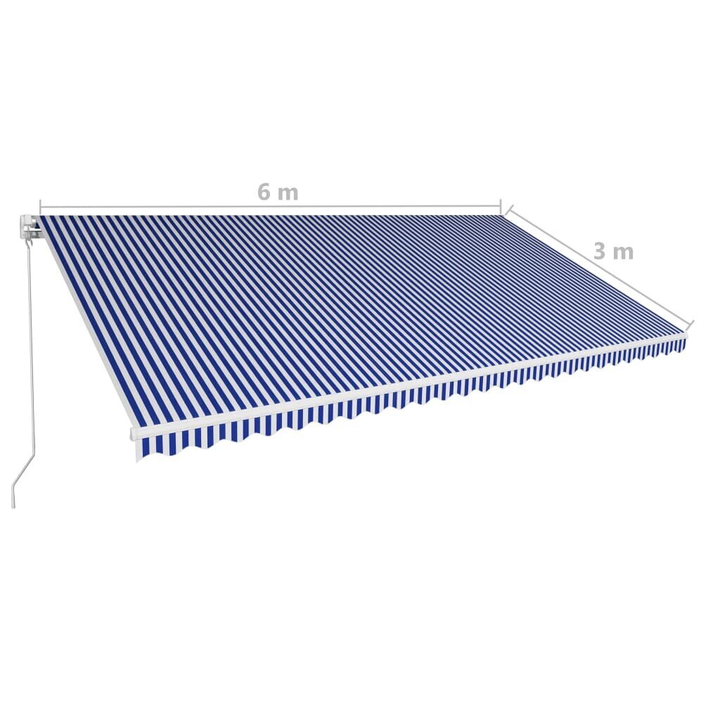 vidaXL izvelkama markīze, manuāla, 600x300 cm, zila ar baltu cena un informācija | Saulessargi, markīzes un statīvi | 220.lv