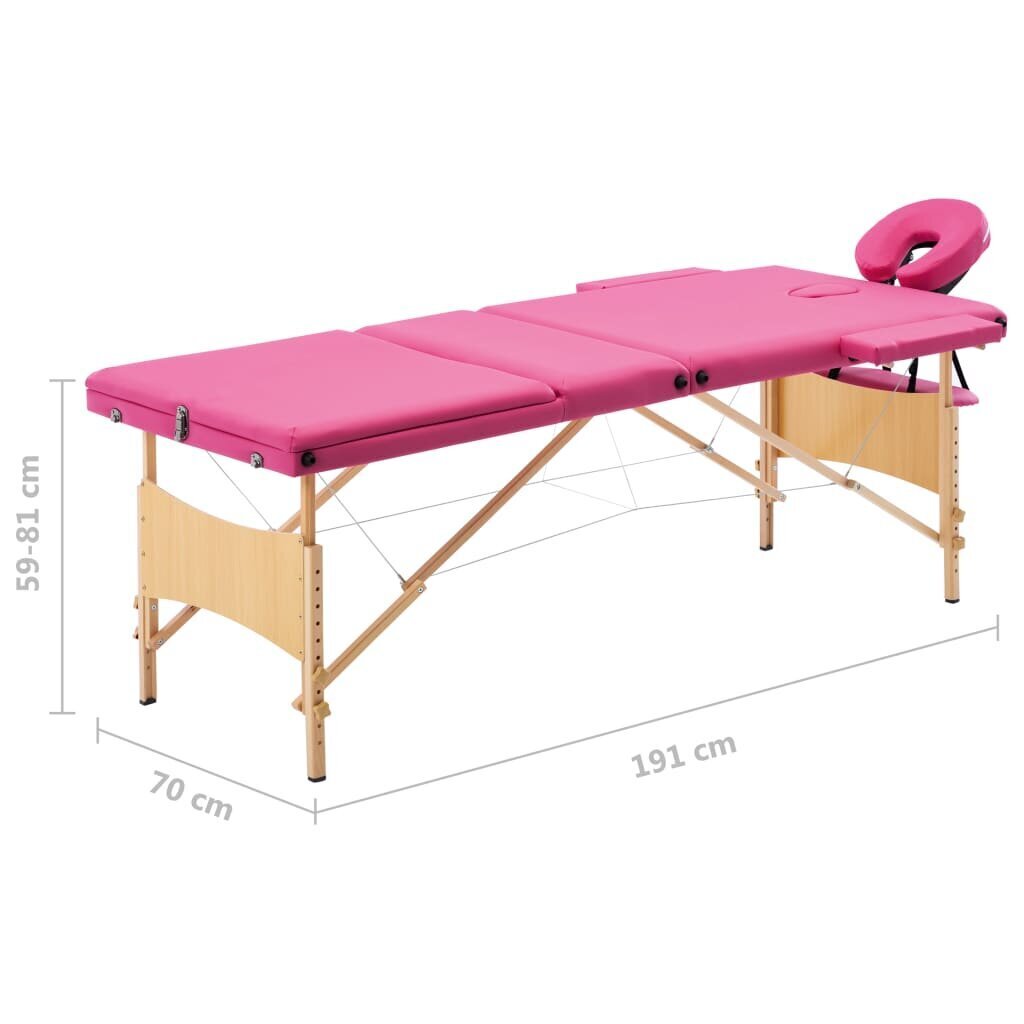 vidaXL saliekams masāžas galds, 3 daļas, koks, rozā цена и информация | Masāžas piederumi | 220.lv
