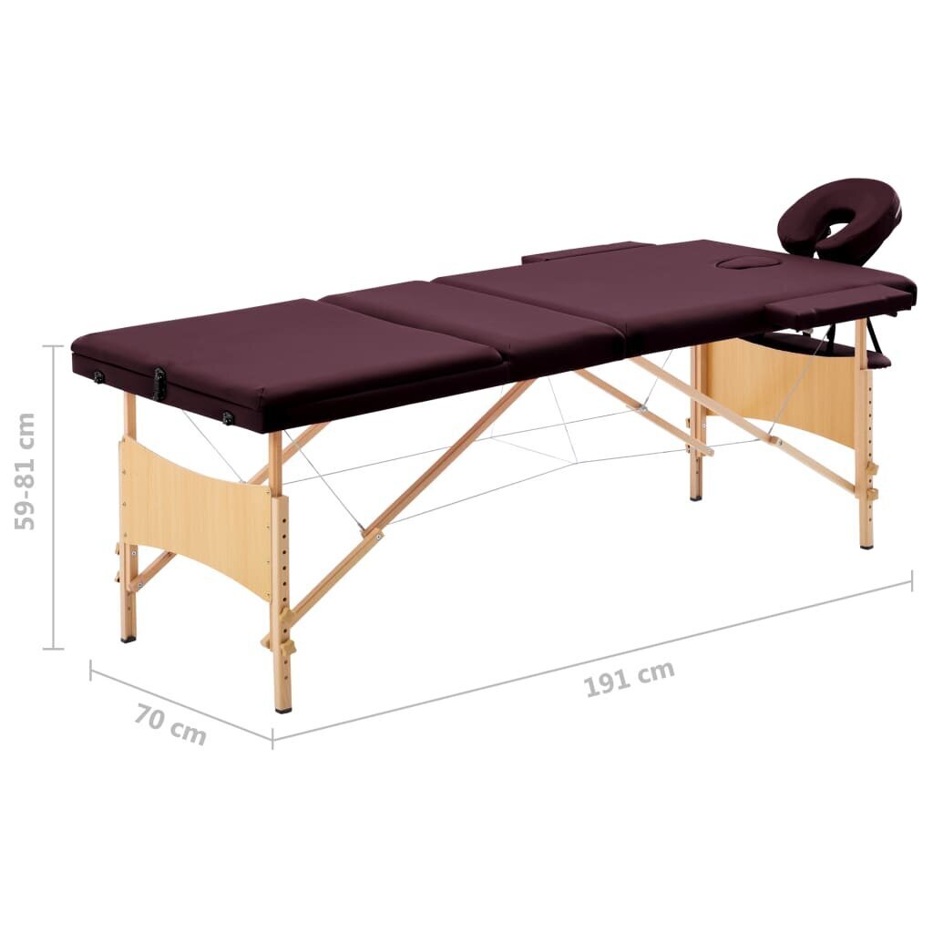 vidaXL saliekams masāžas galds, 3 daļas, koks, vīna violets цена и информация | Masāžas piederumi | 220.lv