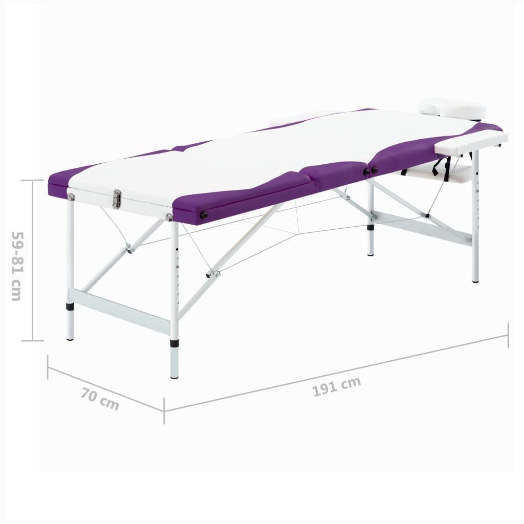 vidaXL saliekams masāžas galds, 3 daļas, alumīnijs, balts ar violetu цена и информация | Masāžas piederumi | 220.lv