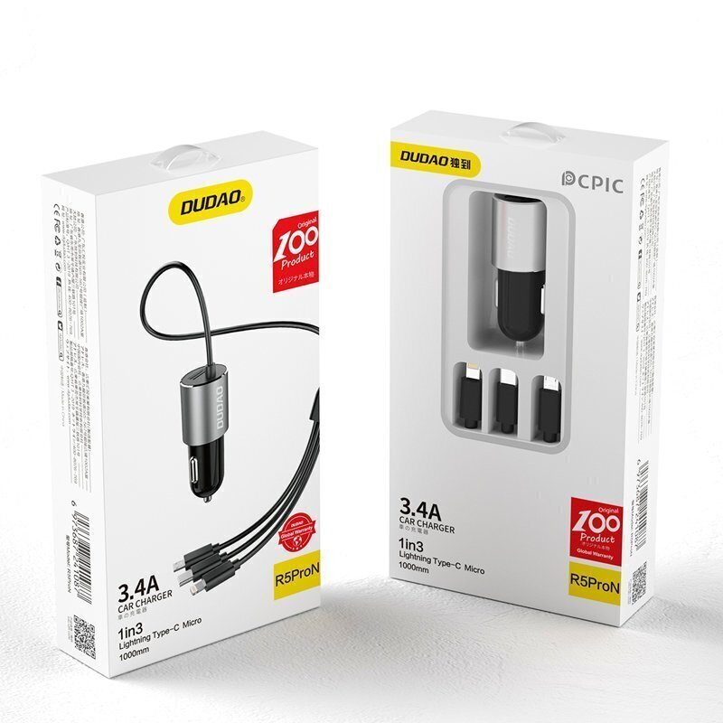 Automašīnas lādētājs Dudao 3in1 USB 3,4 A ar Lightning / USB Typ C / micro USB kabeli (R5ProN black) cena un informācija | Lādētāji un adapteri | 220.lv