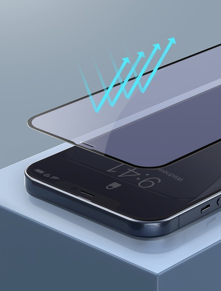 Aizsargstikls Baseus 2x Full screen Anti Blue Light tempered glass with a frame, piemērots iPhone 12 Pro Max cena un informācija | Ekrāna aizsargstikli | 220.lv