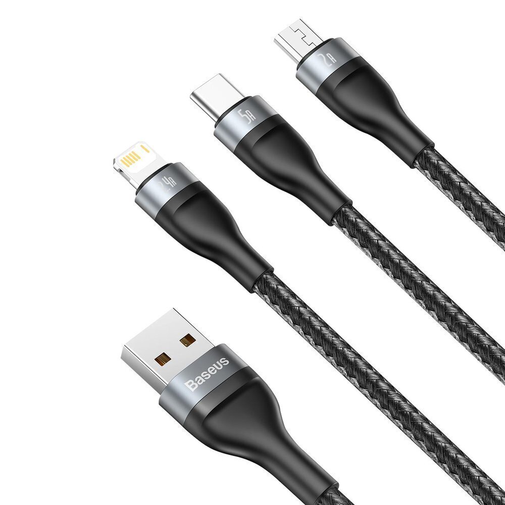 Baseus 3in1 USB - Lightning / USB Typ C / micro USB data charging cable 1,2 m 5 A 480 Mbps 40 W black and gray (CA1T3-G1) cena un informācija | Savienotājkabeļi | 220.lv