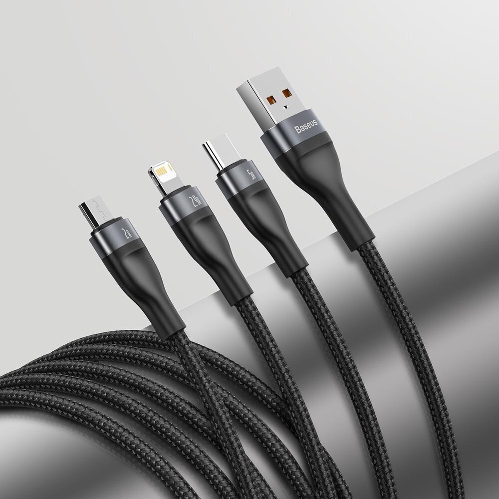 Baseus 3in1 USB - Lightning / USB Typ C / micro USB data charging cable 1,2 m 5 A 480 Mbps 40 W black and gray (CA1T3-G1) cena un informācija | Savienotājkabeļi | 220.lv