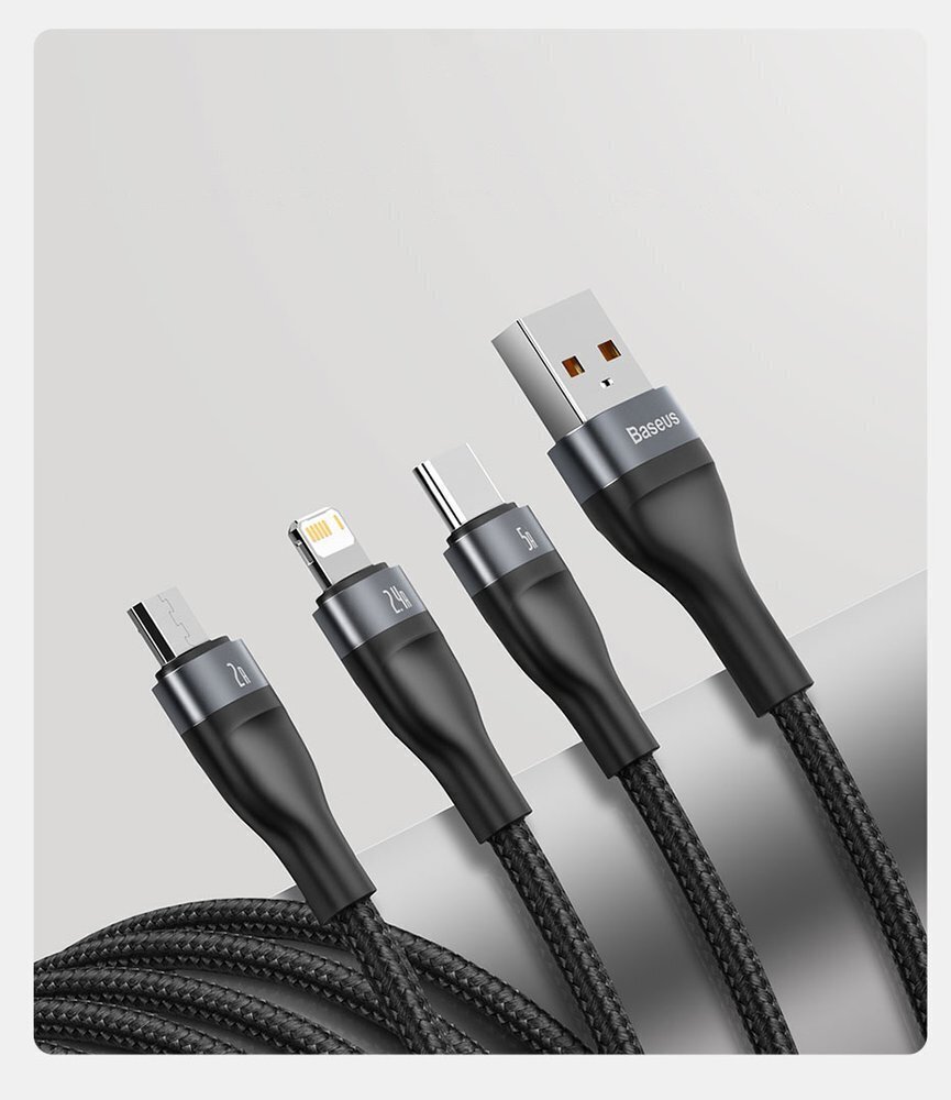 Baseus 3in1 USB - Lightning / USB Typ C / micro USB data charging cable 1,2 m 5 A 480 Mbps 40 W black and gray (CA1T3-G1) cena un informācija | Savienotājkabeļi | 220.lv