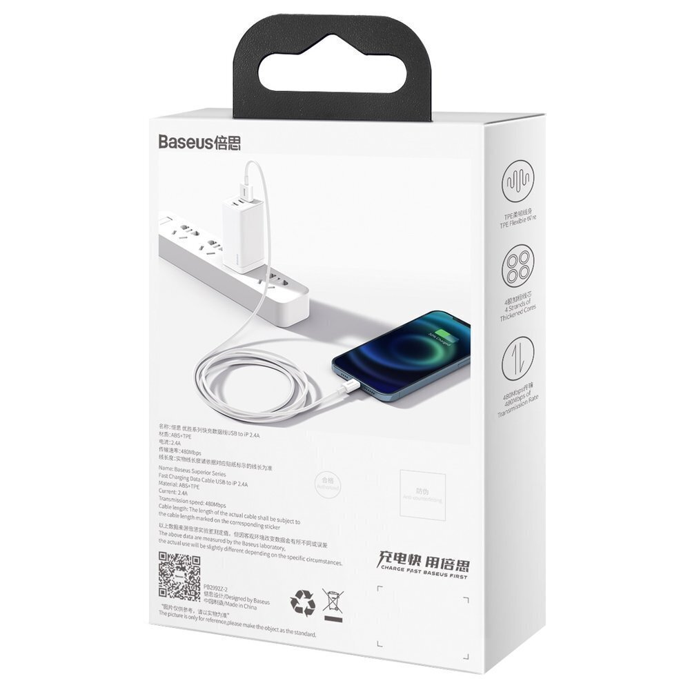 Baseus Superior Series Cable USB to Lightning, 2.4A, 1m (white) cena un informācija | Savienotājkabeļi | 220.lv